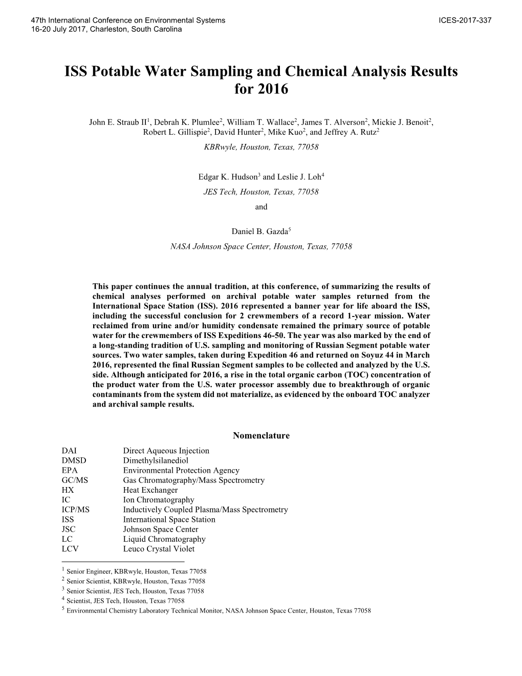 ISS Potable Water Sampling and Chemical Analysis Results for 2016