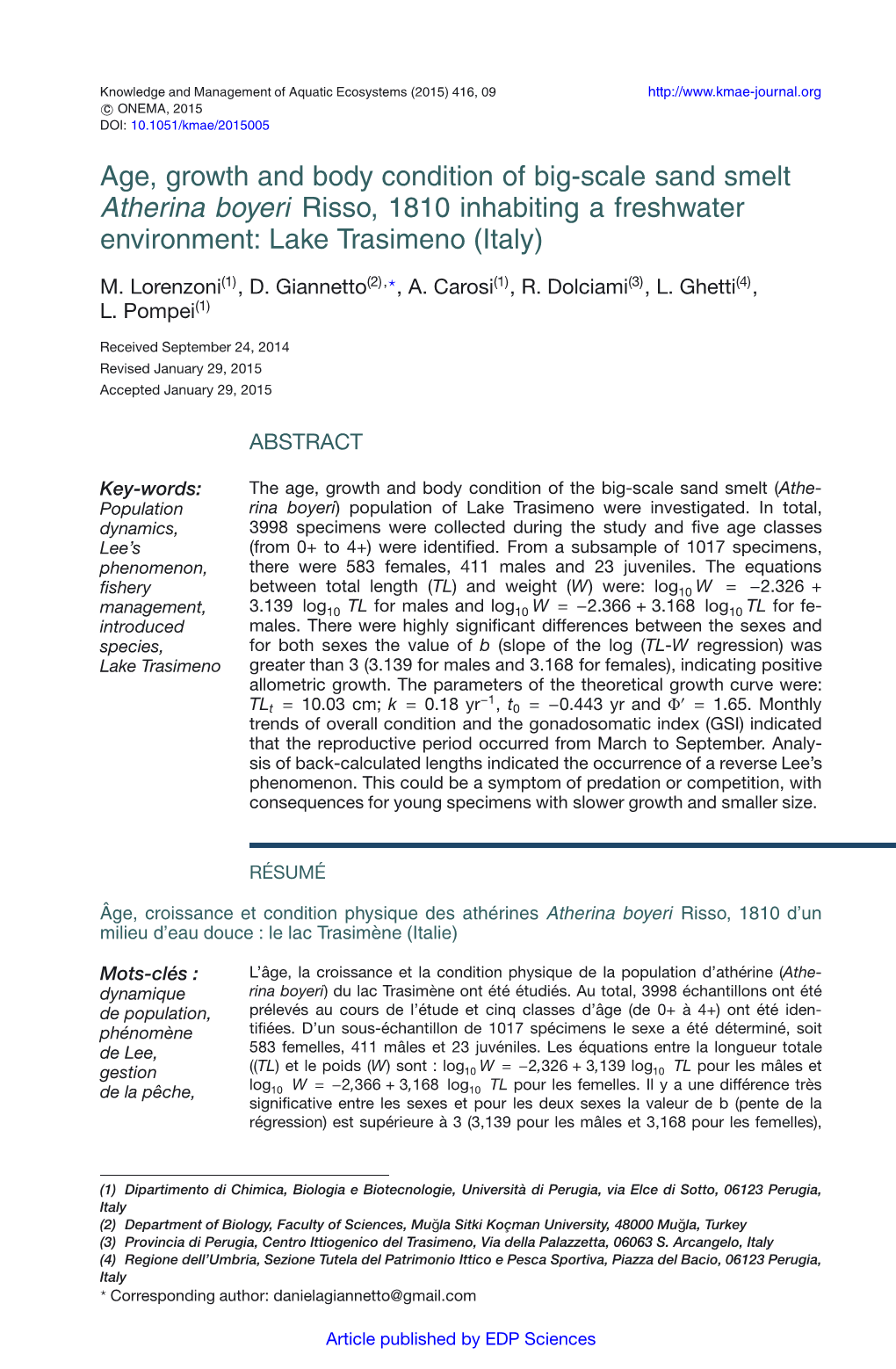 Age, Growth and Body Condition of Big-Scale Sand Smelt Atherina Boyeri Risso, 1810 Inhabiting a Freshwater Environment: Lake Trasimeno (Italy)