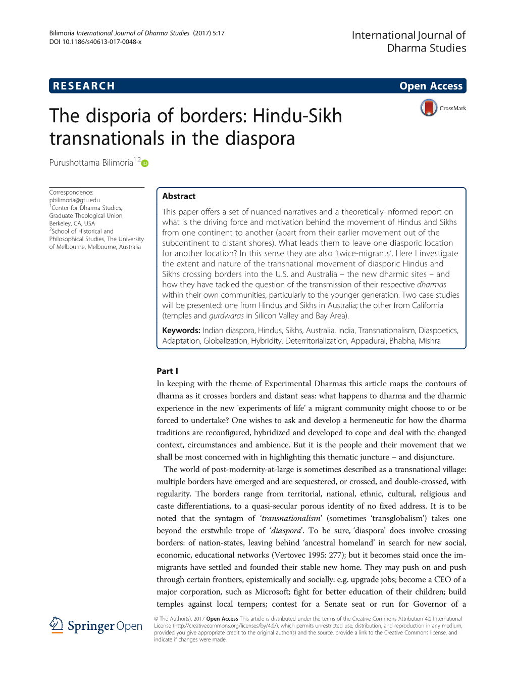 The Disporia of Borders: Hindu-Sikh Transnationals in the Diaspora Purushottama Bilimoria1,2