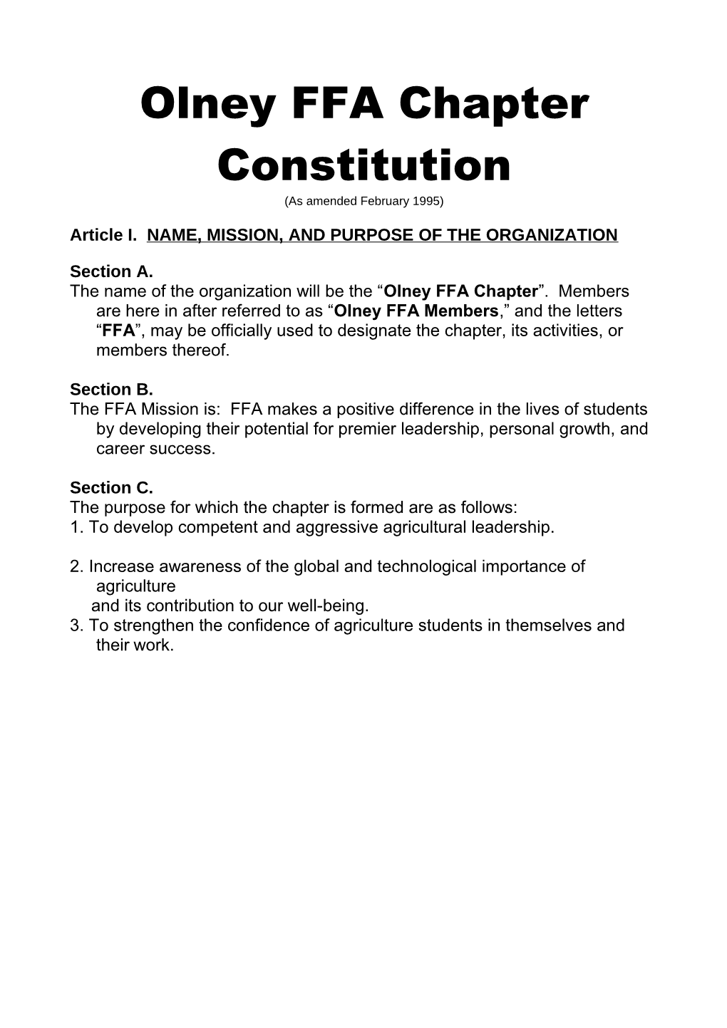 Olney Ffa Chapter Constitution