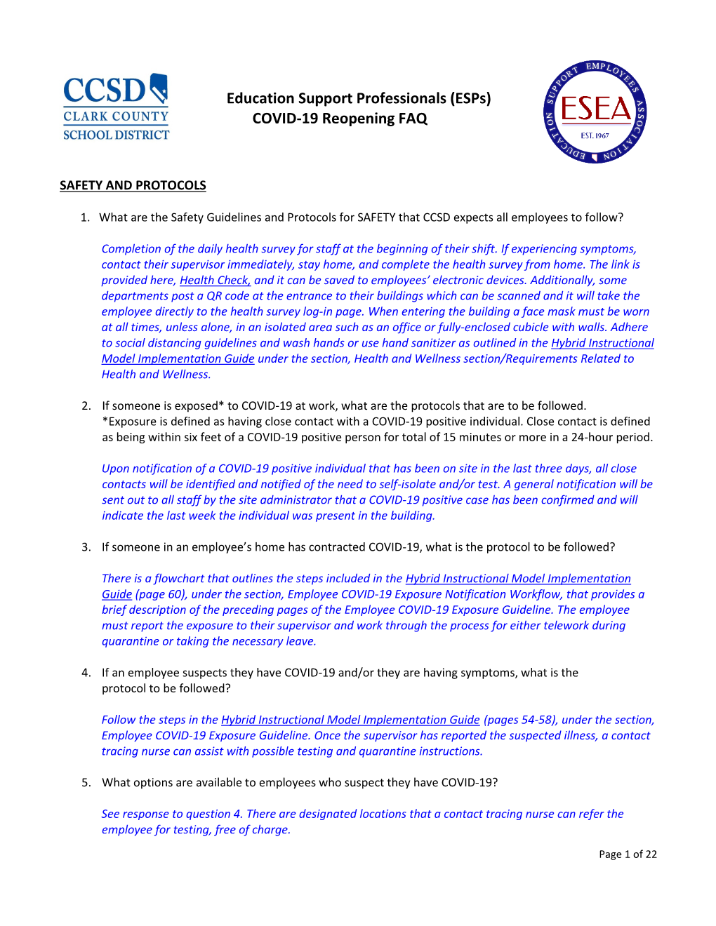 Education Support Professionals (Esps) COVID-19 Reopening FAQ