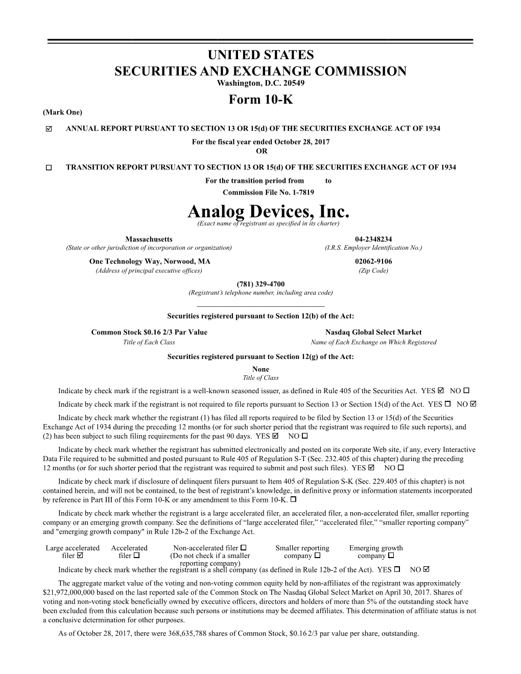 Analog Devices, Inc. (Exact Name of Registrant As Specified in Its Charter)