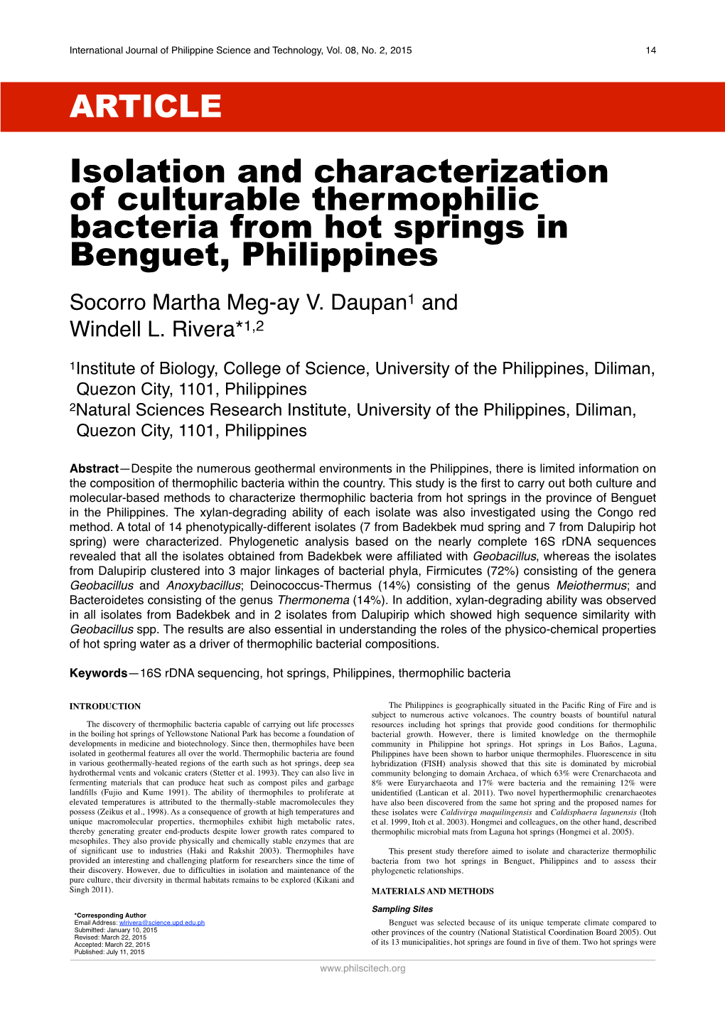 Isolation and Characterization of Culturable Thermophilic Bacteria from Hot Springs in Benguet, Philippines Socorro Martha Meg-Ay V