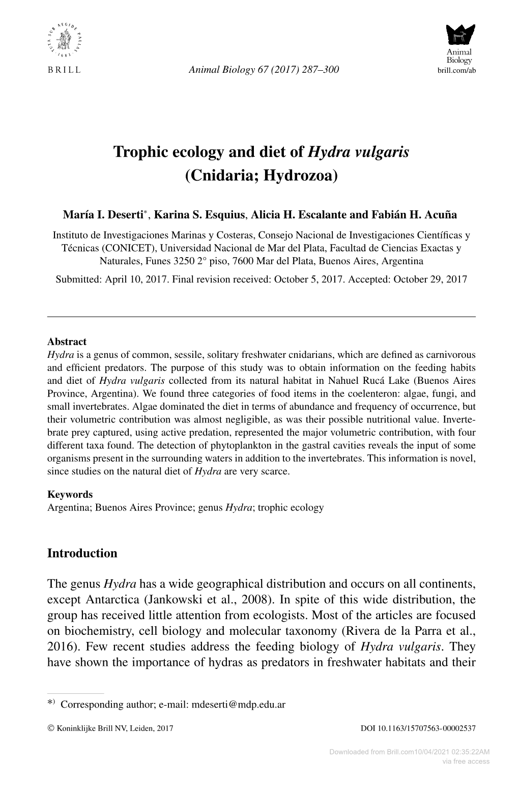 Trophic Ecology and Diet of Hydra Vulgaris (Cnidaria; Hydrozoa)