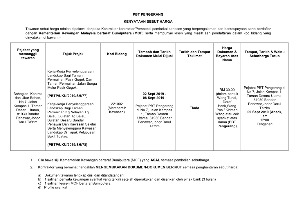 PBT PENGERANG KENYATAAN SEBUT HARGA Tawaran Sebut Harga Adalah Dipelawa Daripada Kontraktor-Kontraktor/Pembekal-Pembekal Berlese