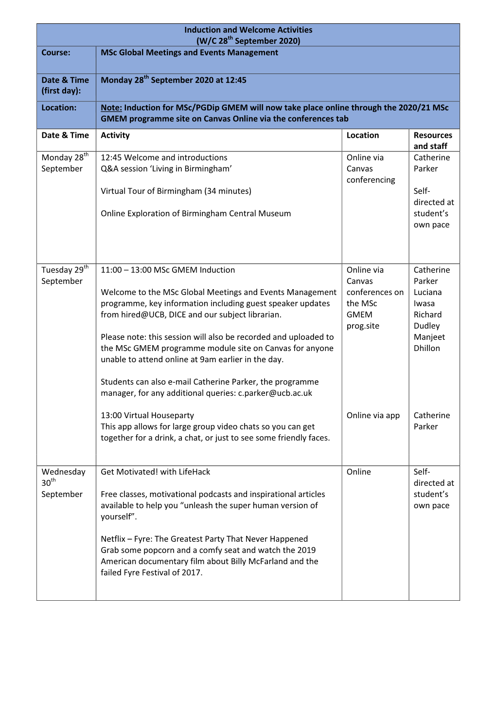 Induction and Welcome Activities (W/C 28Th September 2020) Course: Msc Global Meetings and Events Management Date & Time (F