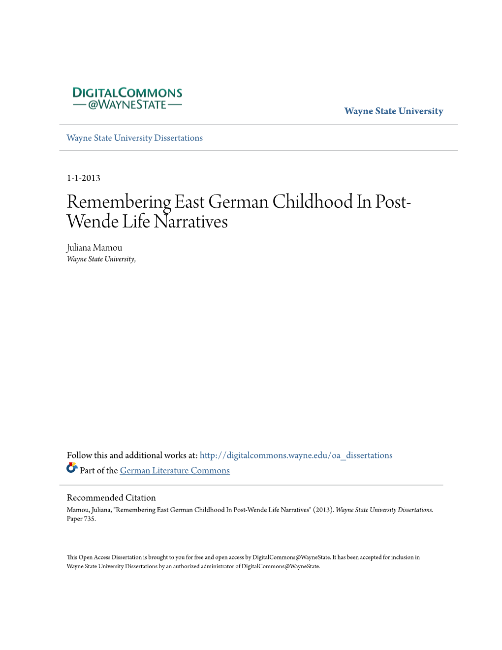 Remembering East German Childhood in Post-Wende Life Narratives