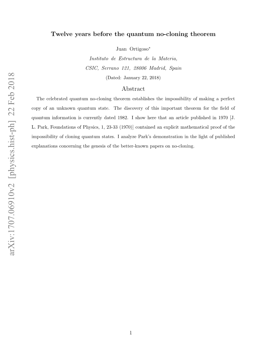 Arxiv:1707.06910V2 [Physics.Hist-Ph] 22 Feb 2018 Xlntoscnenn H Eei Ftebte-Nw Pa Better-Known the of Genesis D the Park’S Concerning Analyze Explanations I States