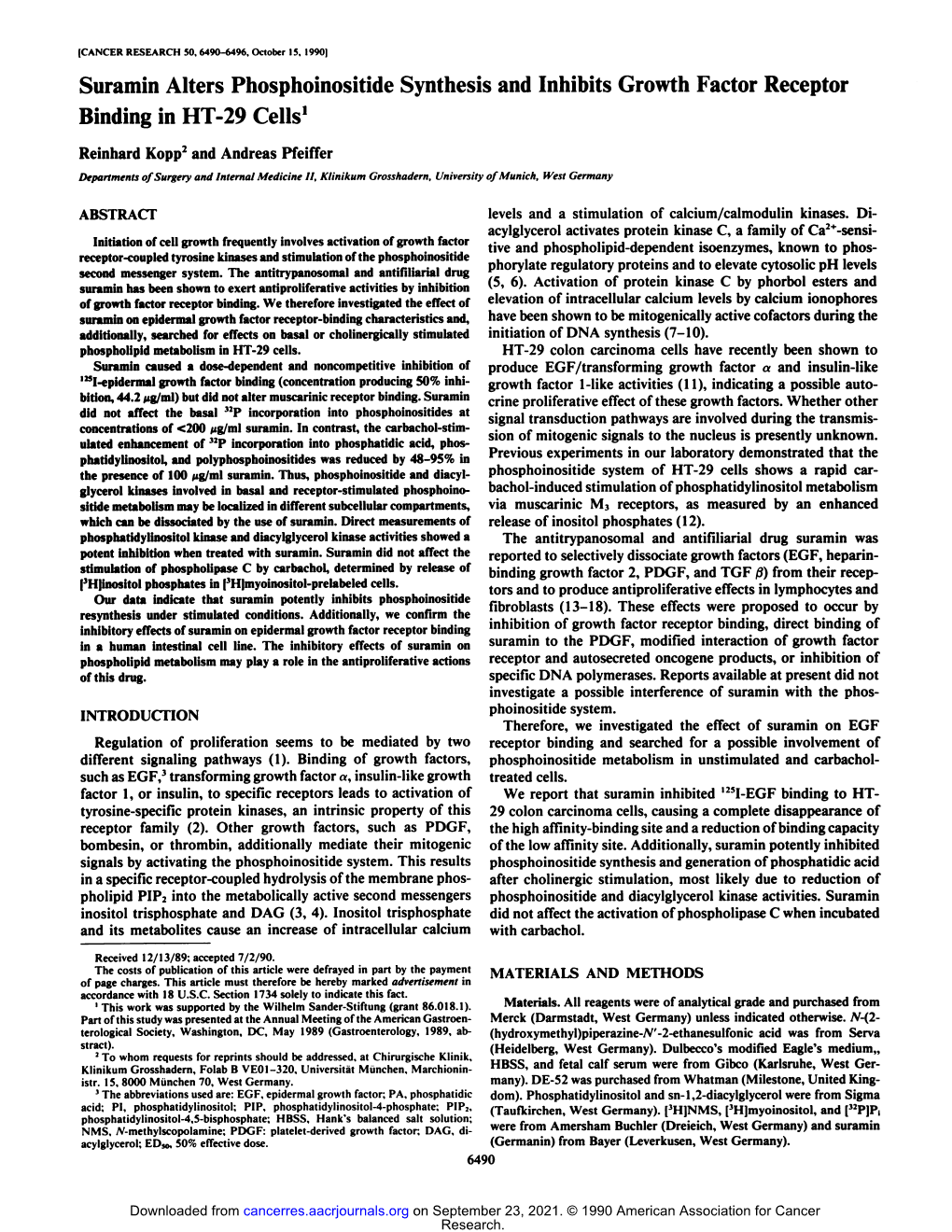 Suramin Alters Phosphoinositide Synthesis and Inhibits Growth Factor Receptor Binding in HT-29 Cells'