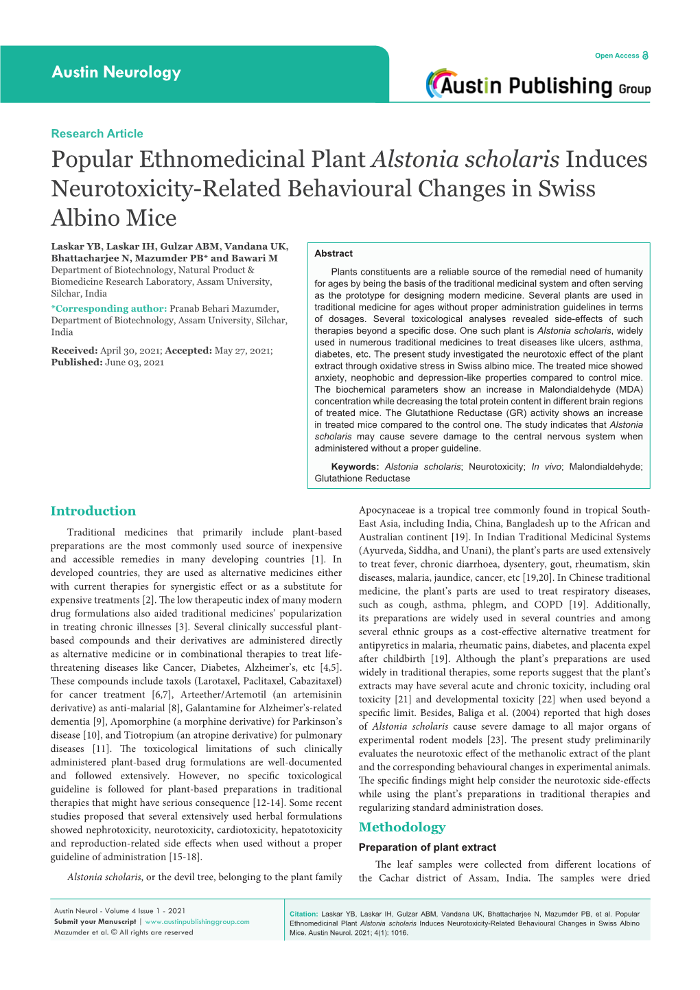 Popular Ethnomedicinal Plant Alstonia Scholaris Induces Neurotoxicity-Related Behavioural Changes in Swiss Albino Mice