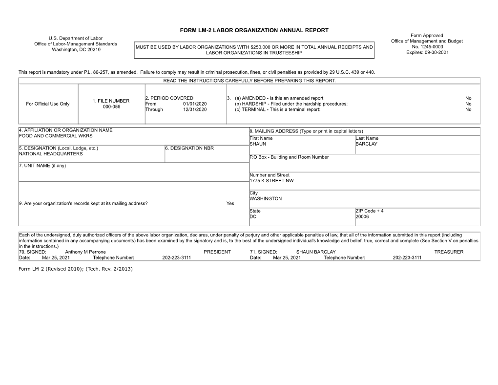 FORM LM-2 LABOR ORGANIZATION ANNUAL REPORT Form Approved U.S