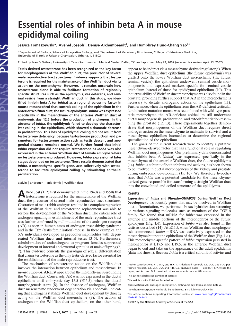 Essential Roles of Inhibin Beta a in Mouse Epididymal Coiling