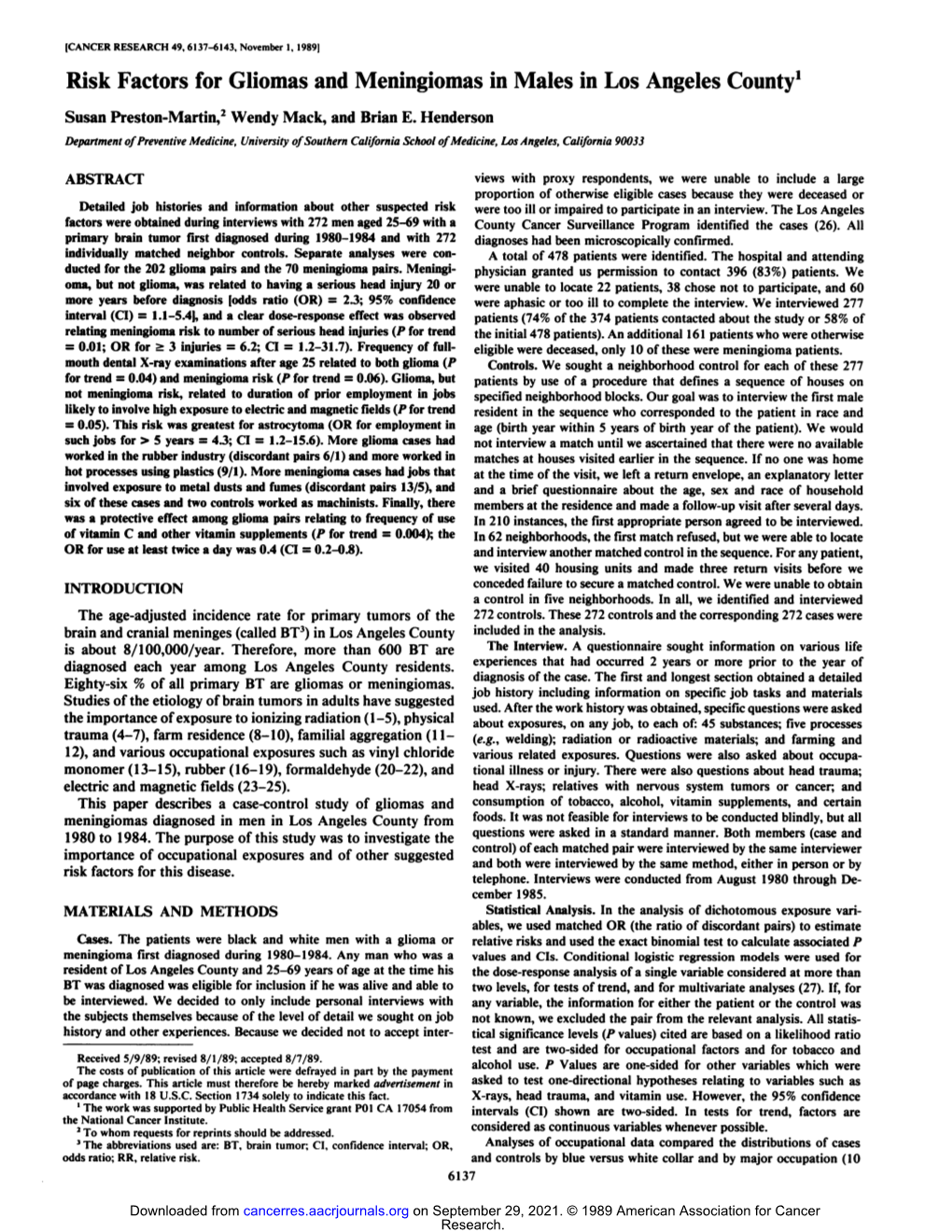 Risk Factors for Gliomas and Meningiomas in Males in Los Angeles County1