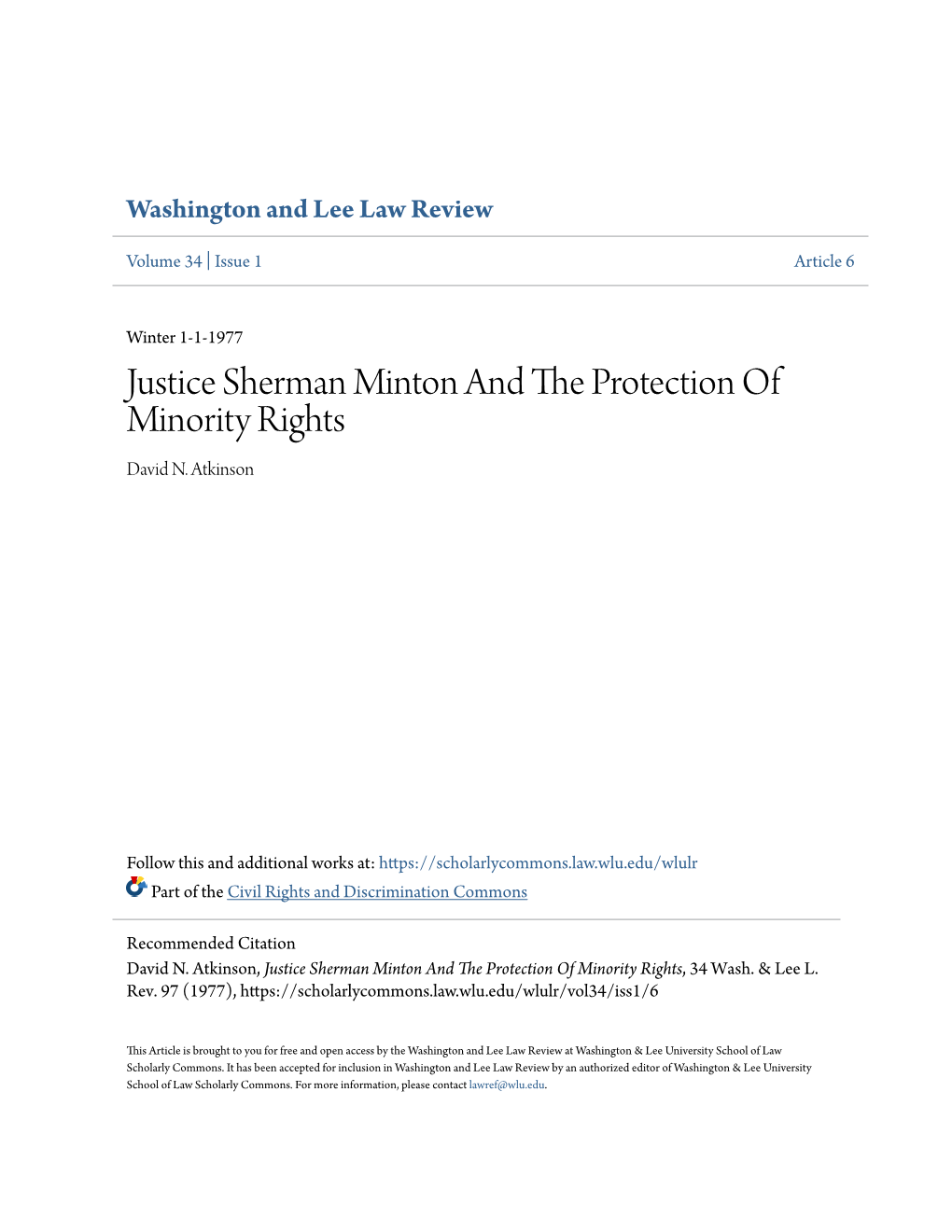 Justice Sherman Minton and the Protection of Minority Rights, 34 Wash