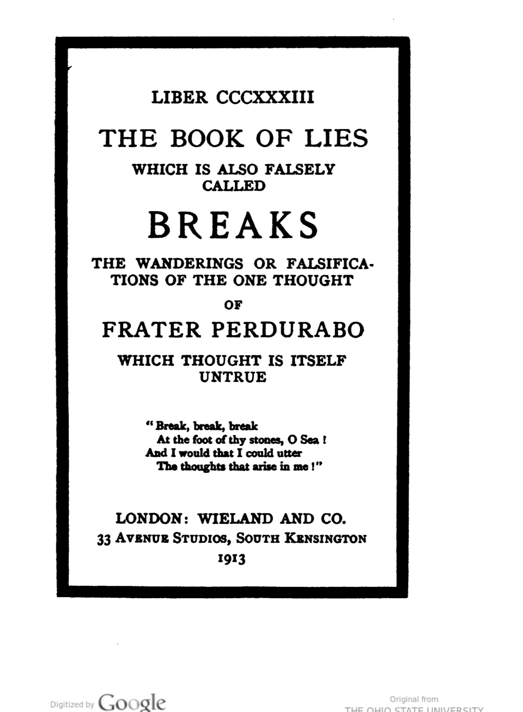 Liber CCCXXXIII [I.E. Trecentesimus Tricesimus Tertius] : the Book of Lies