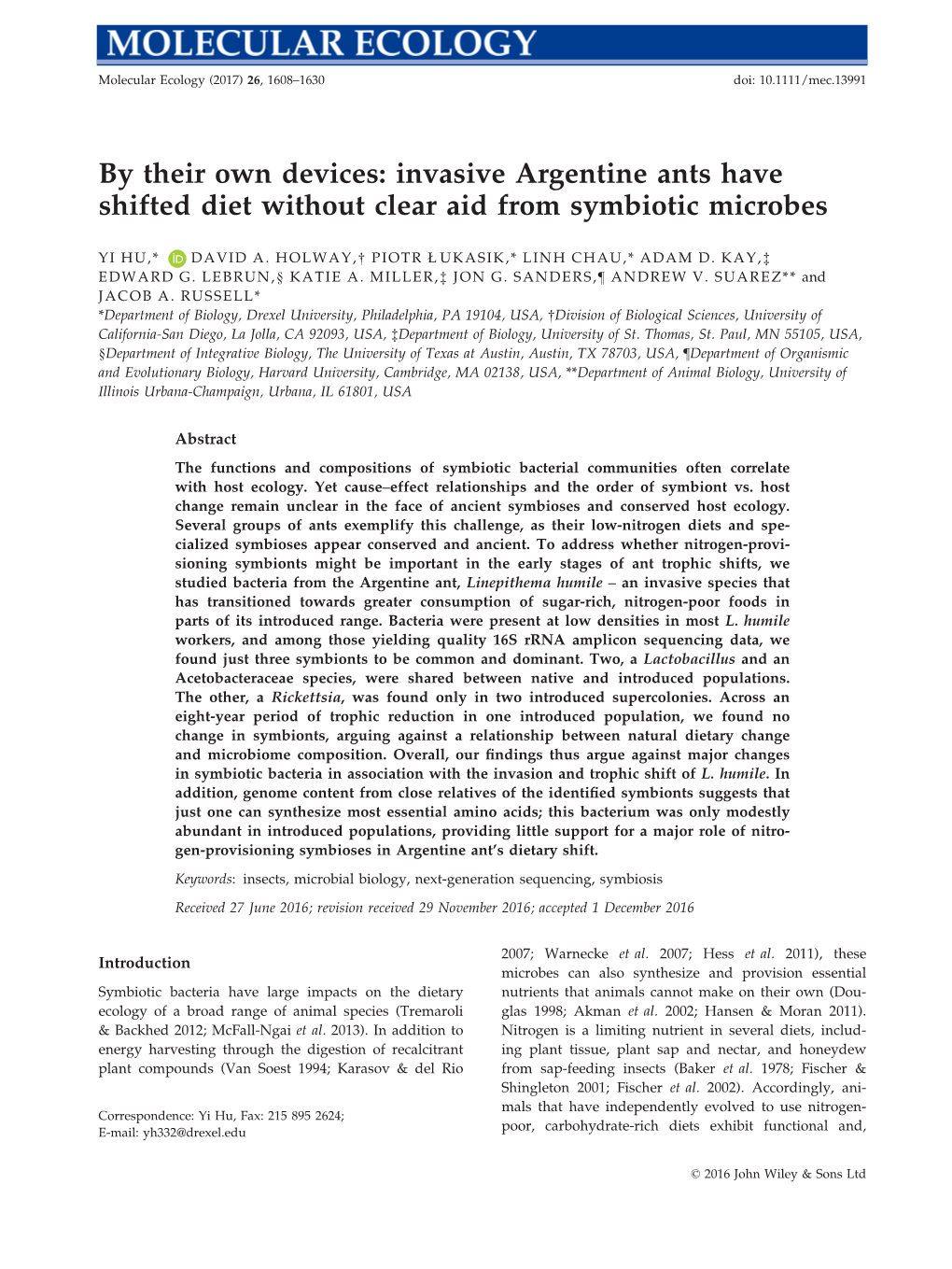 Invasive Argentine Ants Have Shifted Diet Without Clear Aid from Symbiotic Microbes