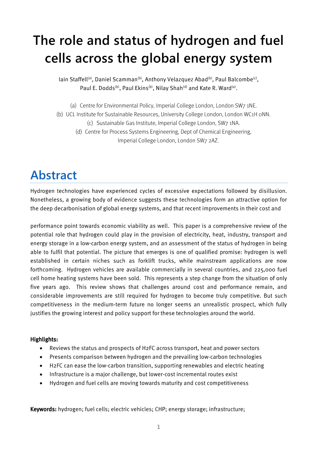 The Role and Status of Hydrogen and Fuel Cells Across the Global Energy System