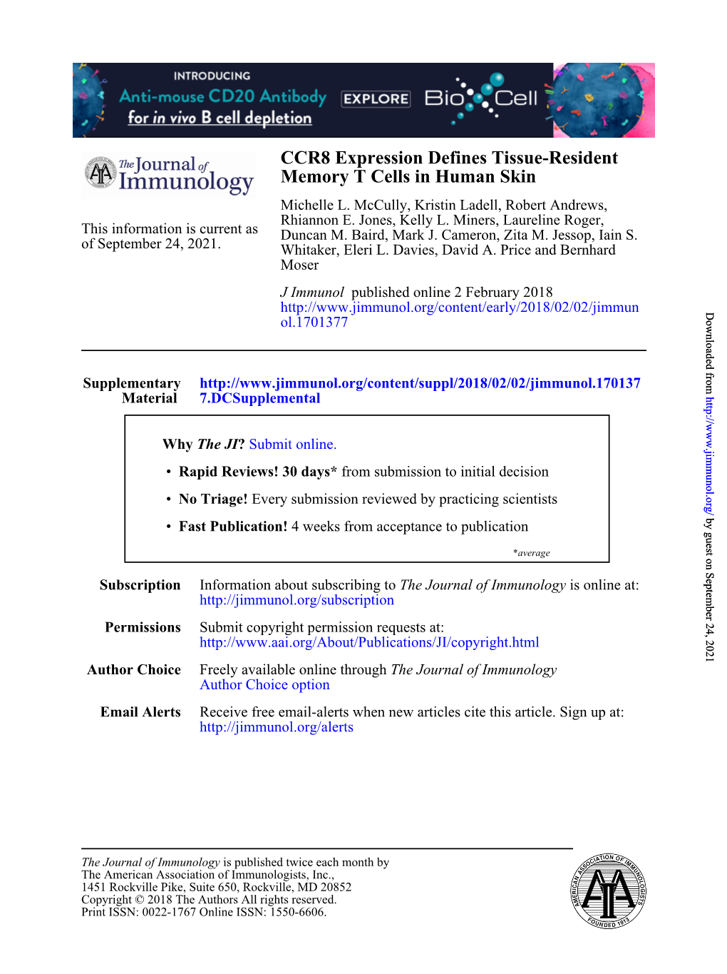 CCR8 Expression Defines Tissue-Resident Memory T Cells in Human Skin Michelle L