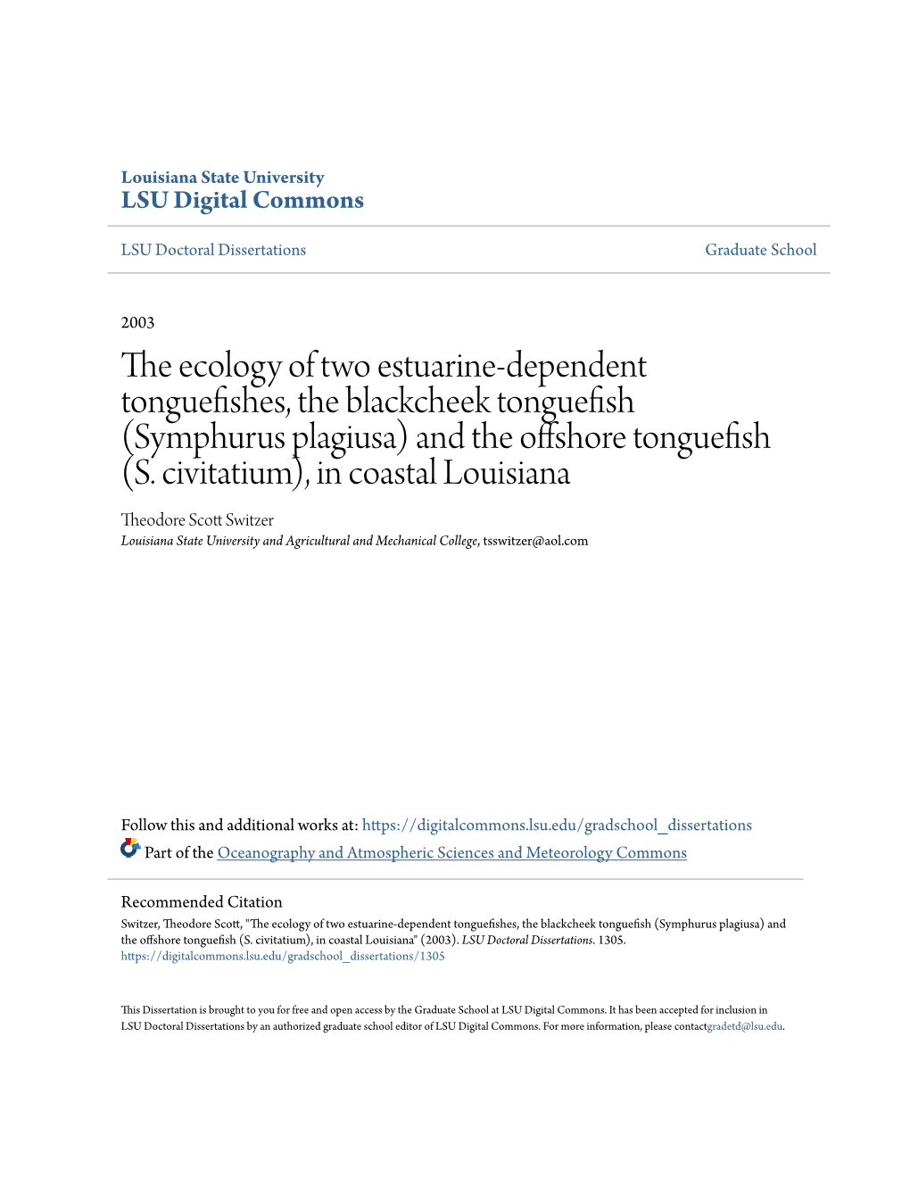 (Symphurus Plagiusa) and the Offshore Tonguefish (S