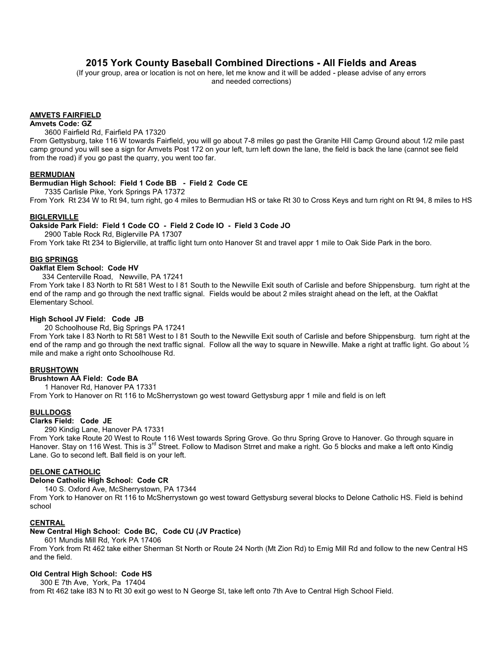 2014 York County Baseball Combined Directions