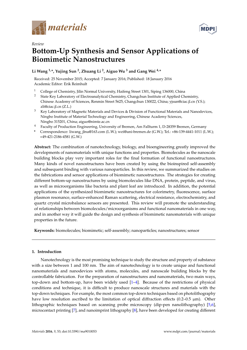 Bottom-Up Synthesis and Sensor Applications of Biomimetic Nanostructures