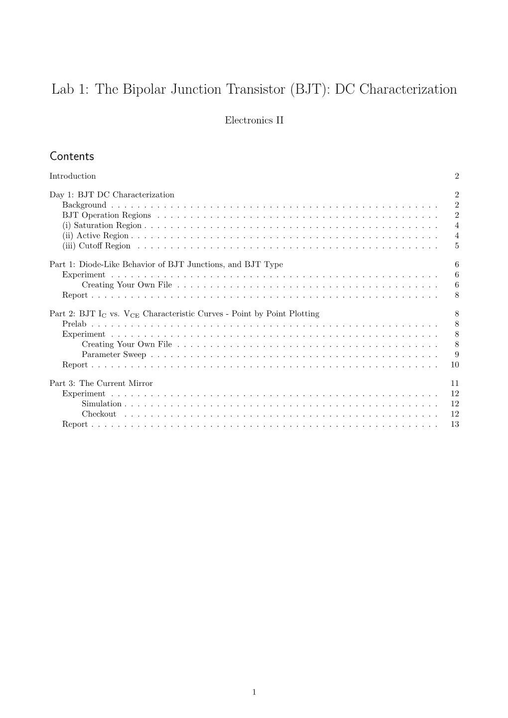 Lab 1: the Bipolar Junction Transistor (BJT): DC Characterization