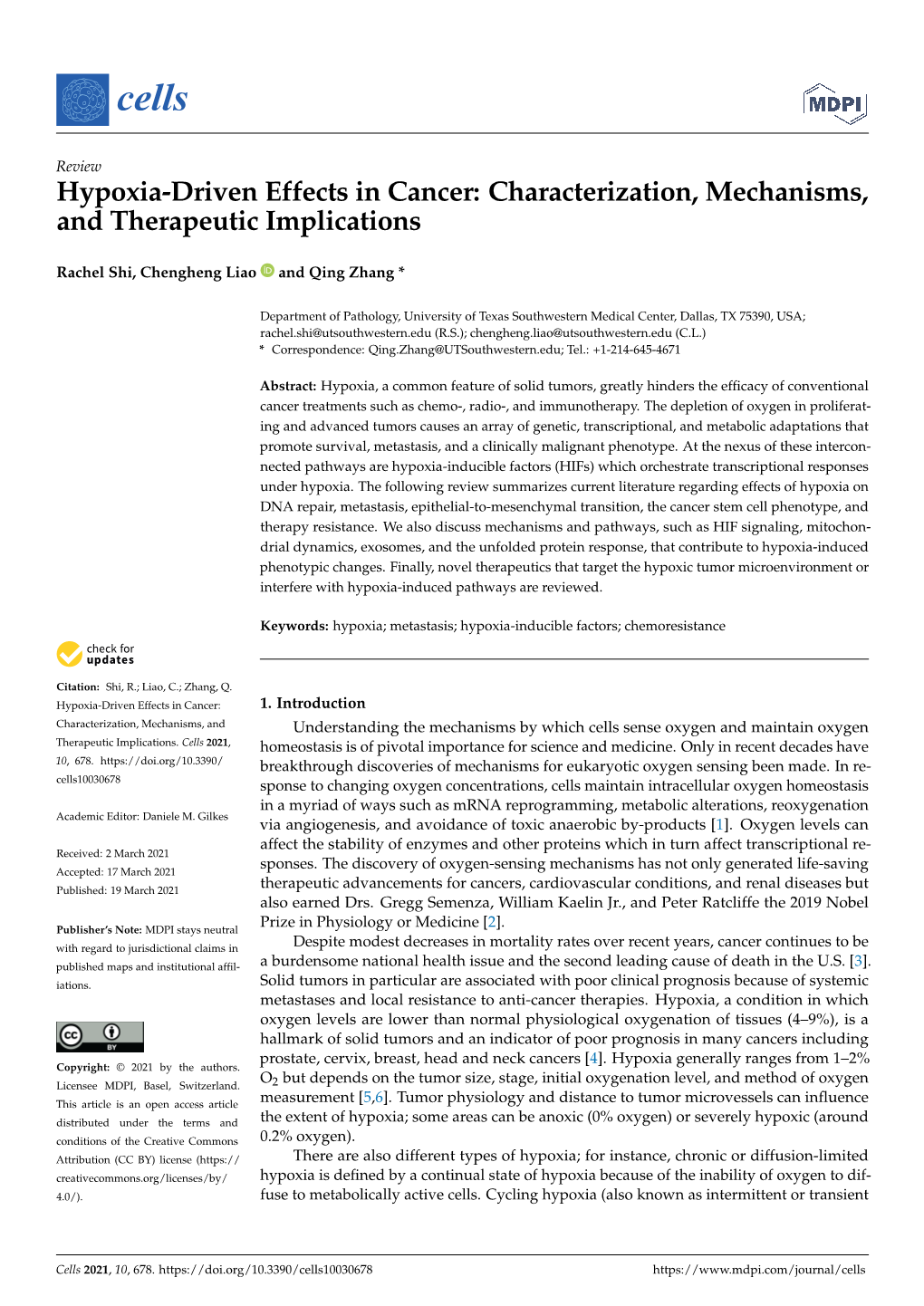 Hypoxia-Driven Effects in Cancer: Characterization, Mechanisms, and Therapeutic Implications