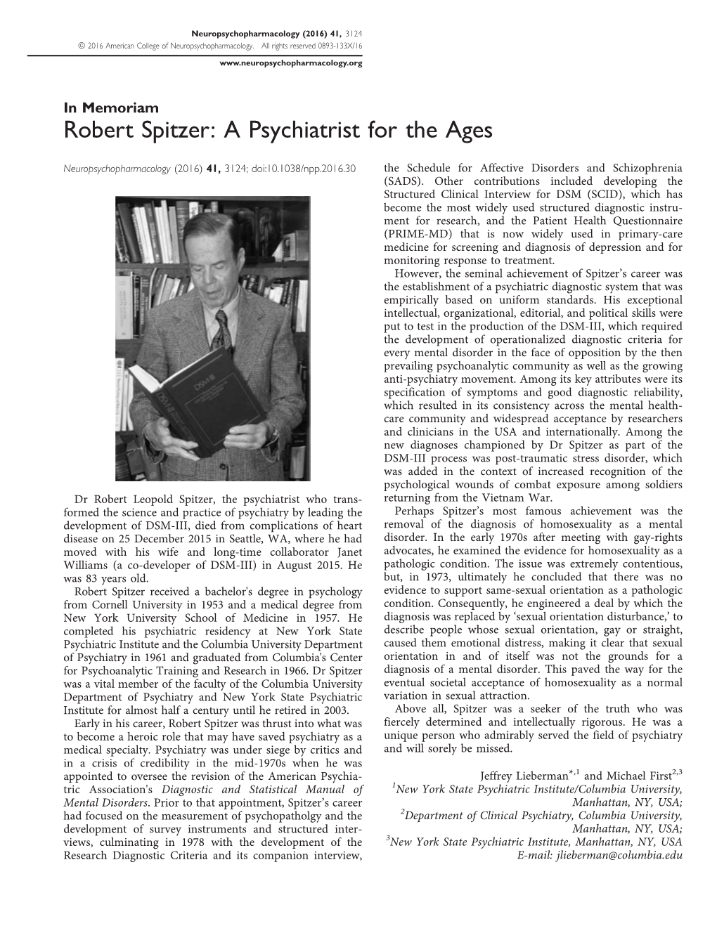 Robert Spitzer: a Psychiatrist for the Ages