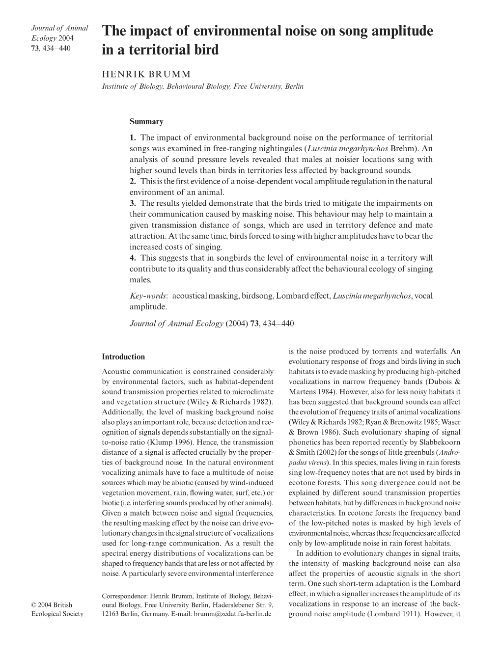 The Impact of Environmental Noise on Song Amplitude in a Territorial Bird