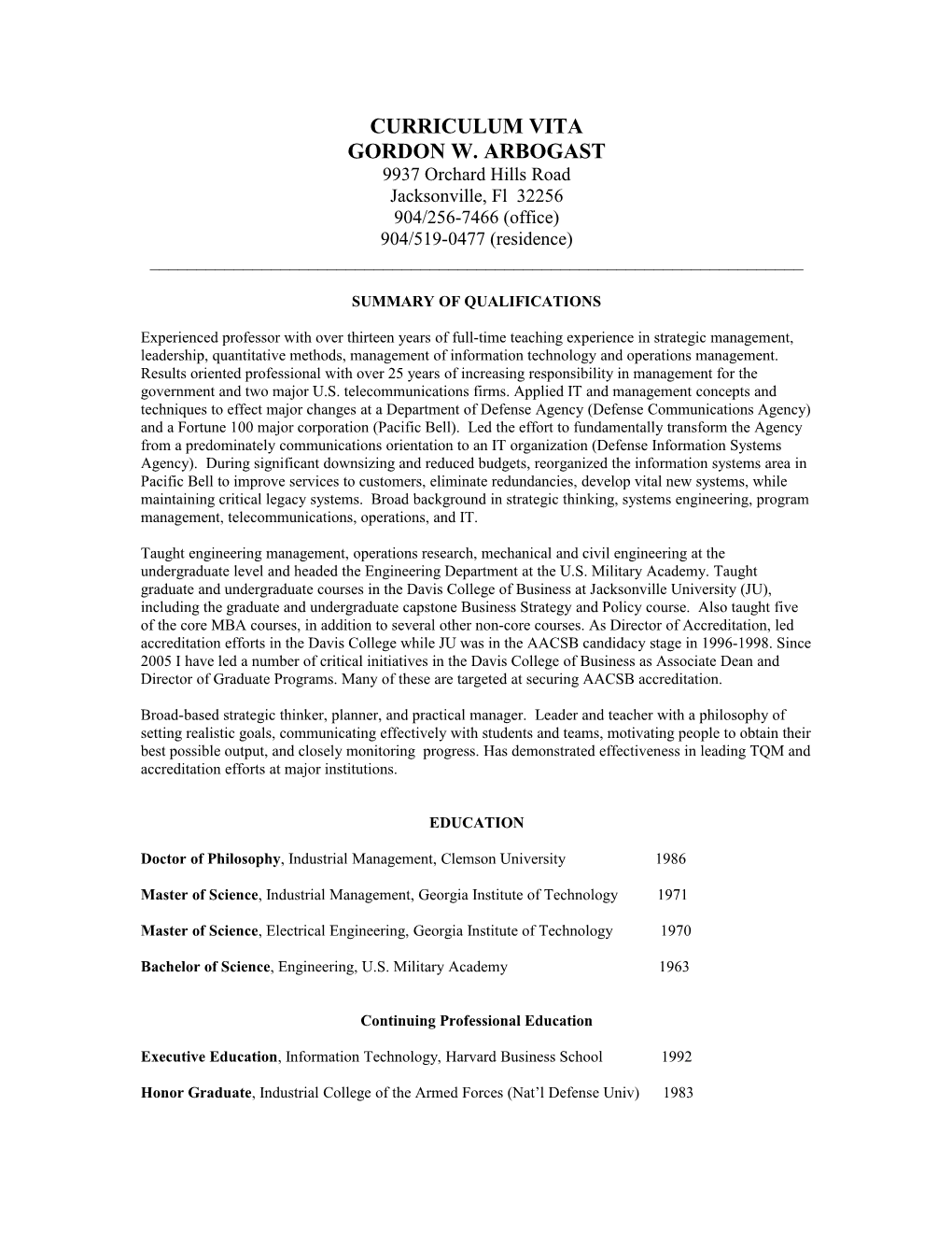 Dr. Gordon Arbogast CV