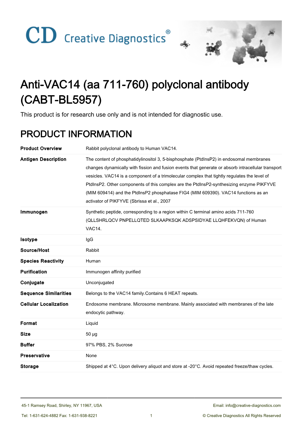 Anti-VAC14 (Aa 711-760) Polyclonal Antibody (CABT-BL5957) This Product Is for Research Use Only and Is Not Intended for Diagnostic Use