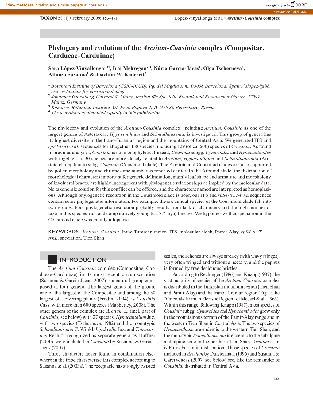 Phylogeny and Evolution of the Arctium-Cousinia Complex (Compositae, Cardueae-Carduinae)