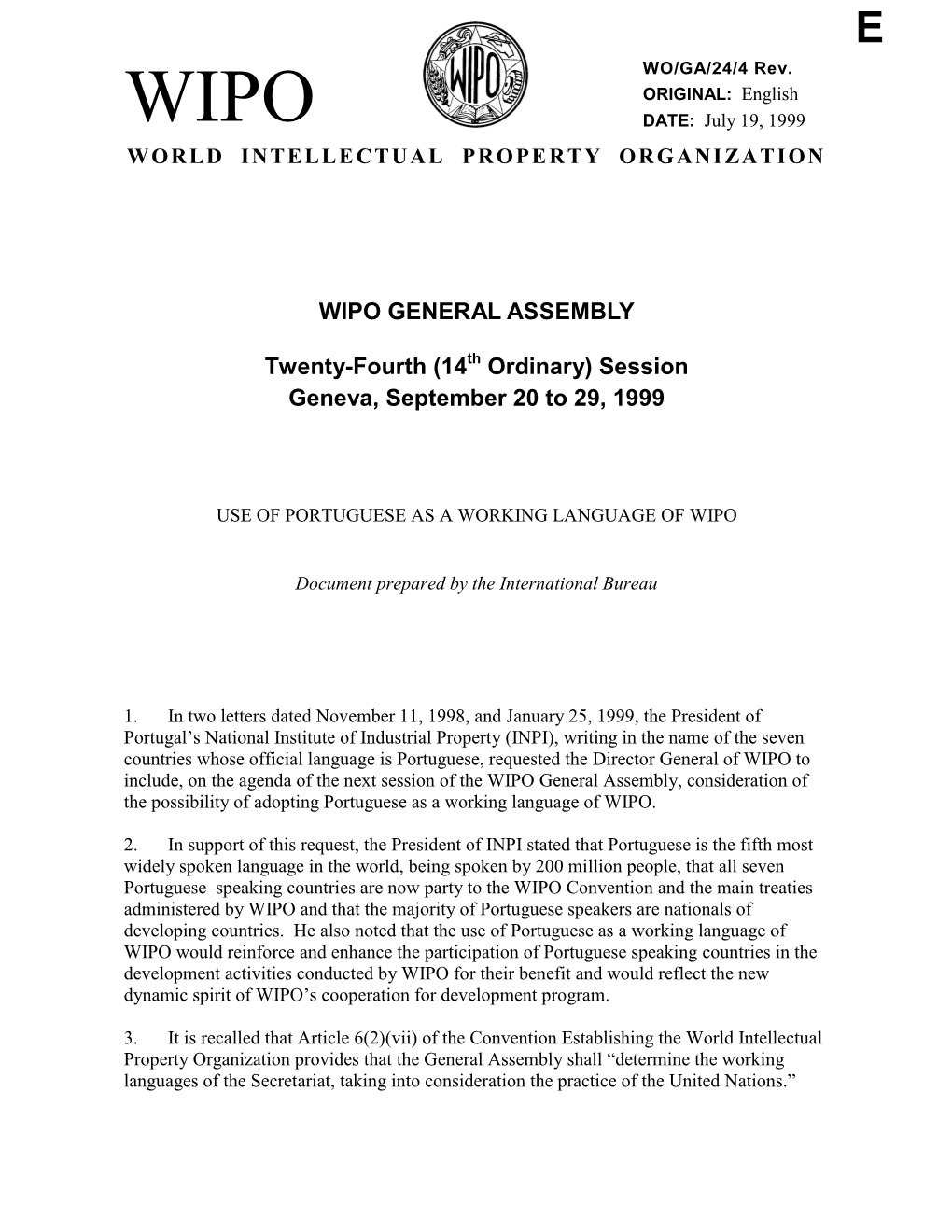 WO/GA/24/4 REV.: Use of Portuguese As a Working Language of WIPO