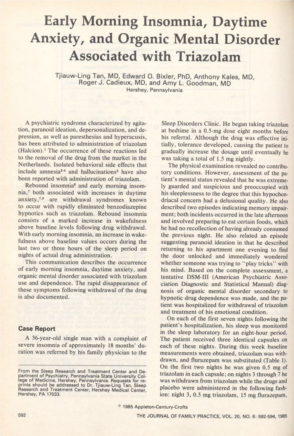 Early Morning Insomnia, Daytime Anxiety, and Organic Mental Disorder Associated with Triazolam