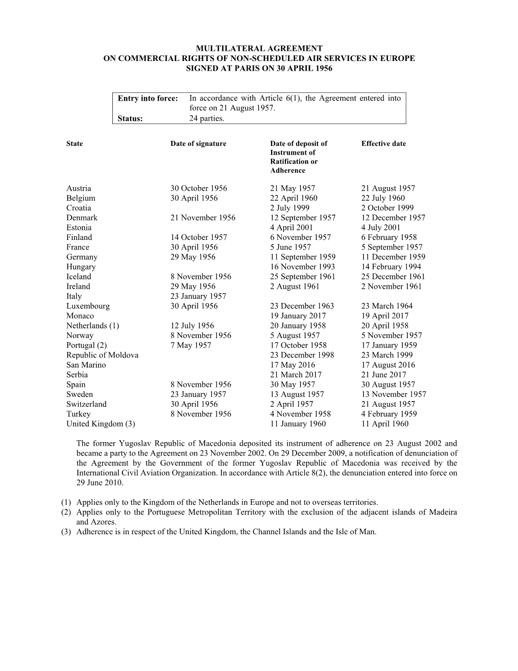 Multilateral Agreement on Commercial Rights of Non-Scheduled Air Services in Europe Signed at Paris on 30 April 1956