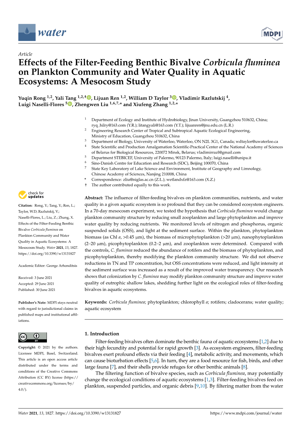 Effects of the Filter-Feeding Benthic Bivalve Corbicula Fluminea