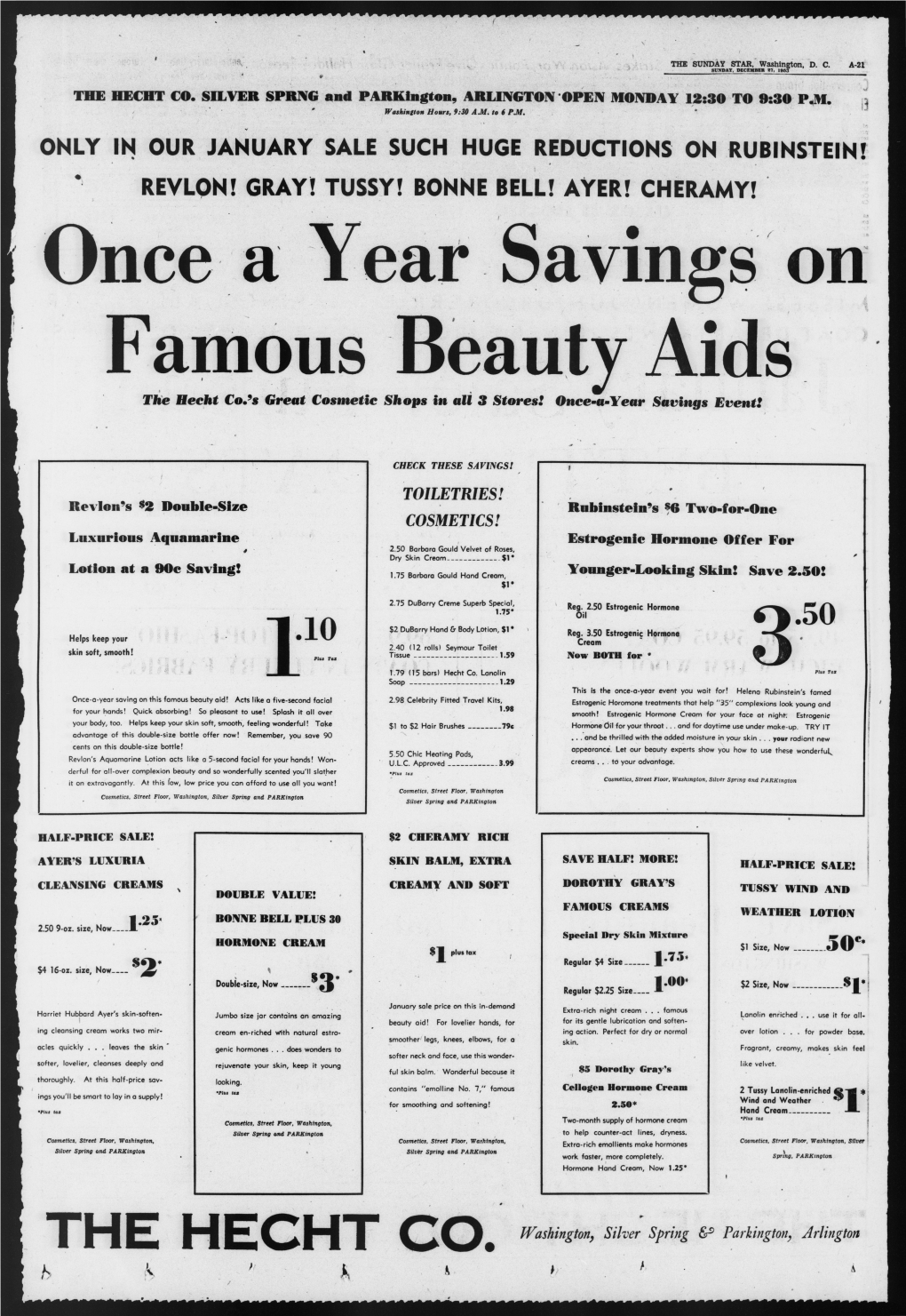 BONNE BELL! AYER! CHERAMY! Once a Year Savings on Famous Beauty Aids the Hecht Co.’S Great Cosmetic Shops in Ali 3 Stores! Onee-A-Year Savings Event!