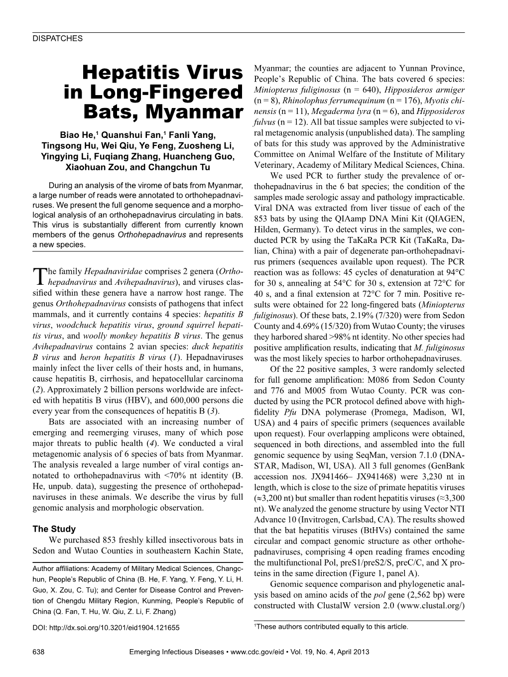 Hepatitis Virus in Long-Fingered Bats, Myanmar