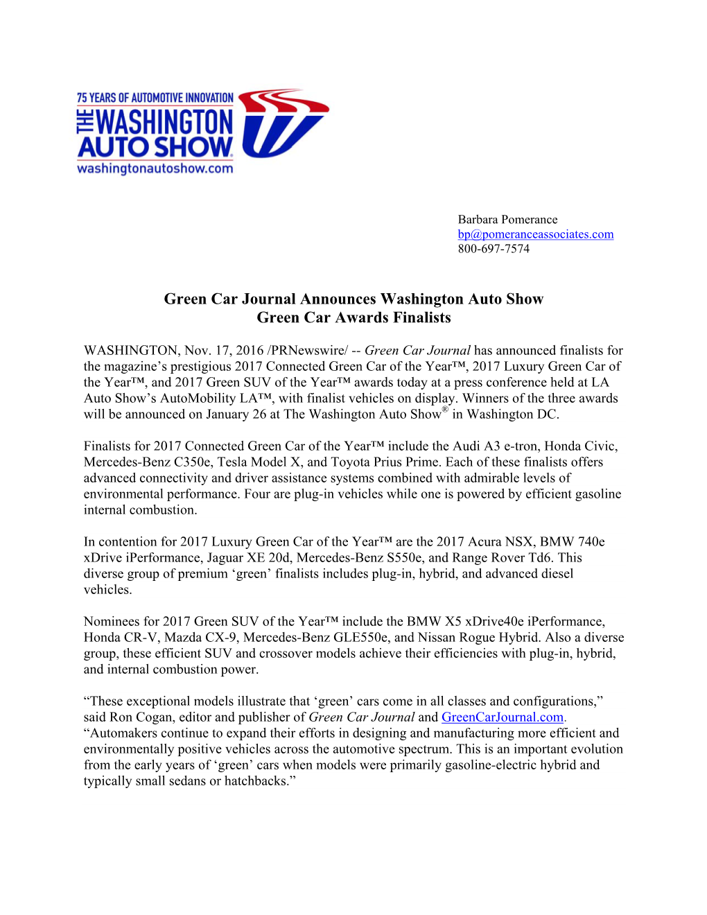 Green Car Journal Announces Washington Auto Show Green Car Awards Finalists