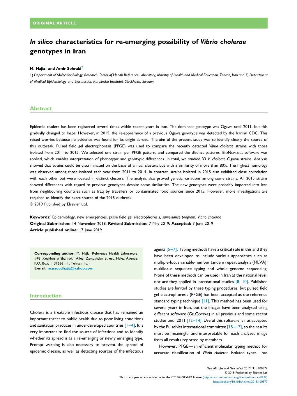 In Silico Characteristics for Re-Emerging Possibility of Vibrio Cholerae Genotypes in Iran