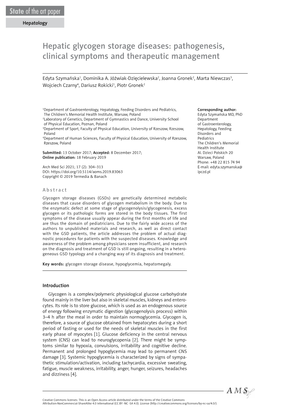 Hepatic Glycogen Storage Diseases: Pathogenesis, Clinical Symptoms and Therapeutic Management