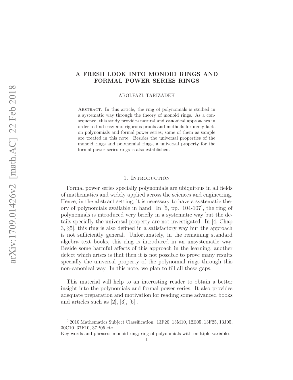 Arxiv:1709.01426V2 [Math.AC] 22 Feb 2018 N Rilssc S[] 3,[]