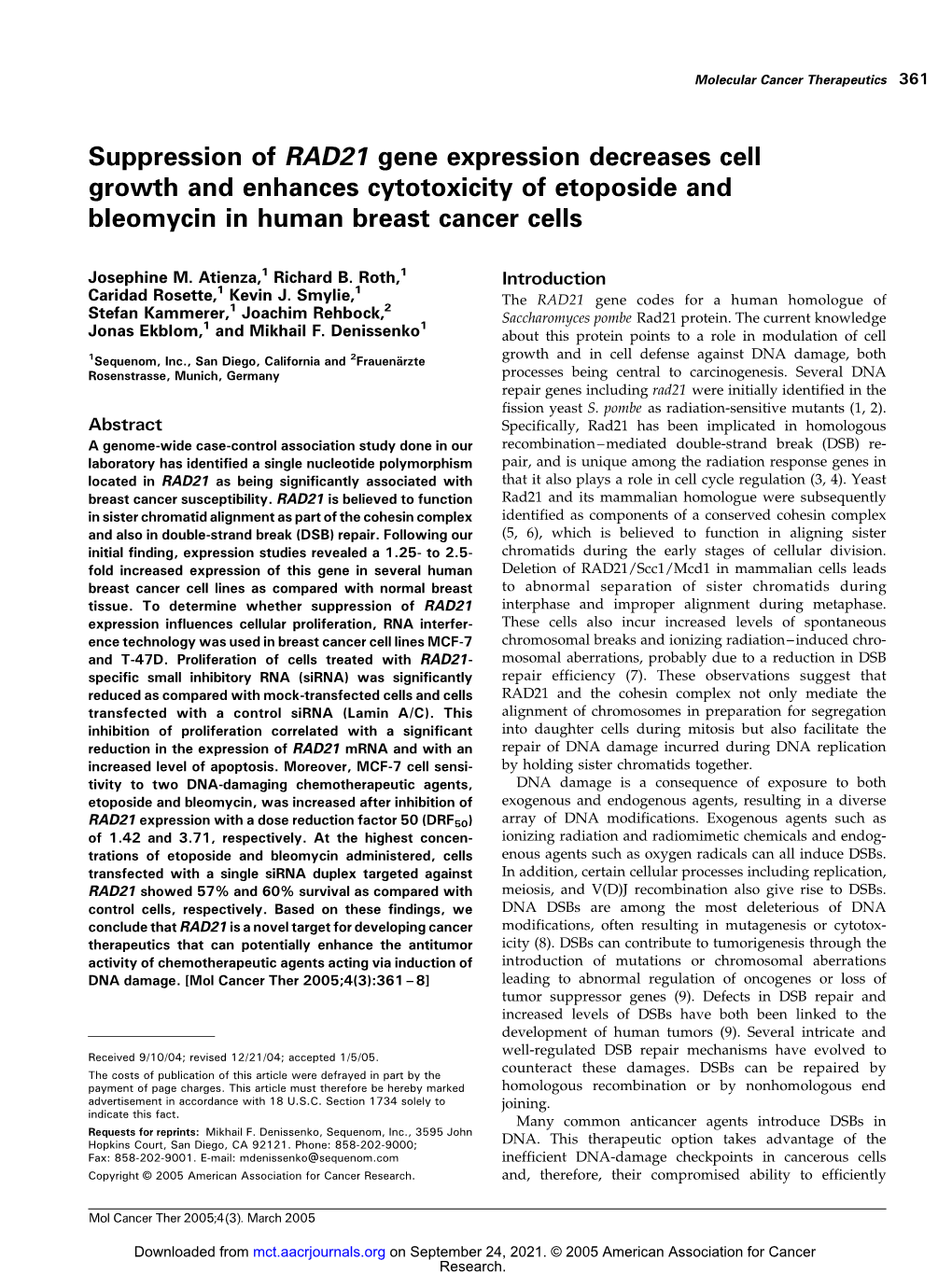 Suppression of RAD21 Gene Expression Decreases Cell Growth and Enhances Cytotoxicity of Etoposide and Bleomycin in Human Breast Cancer Cells