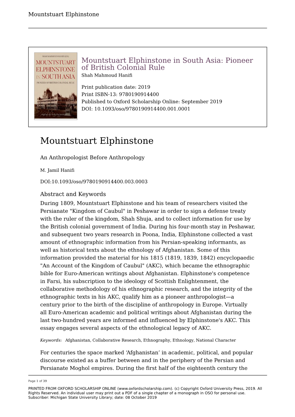 Mountstuart Elphinstone: an Anthropologist Before Anthropology