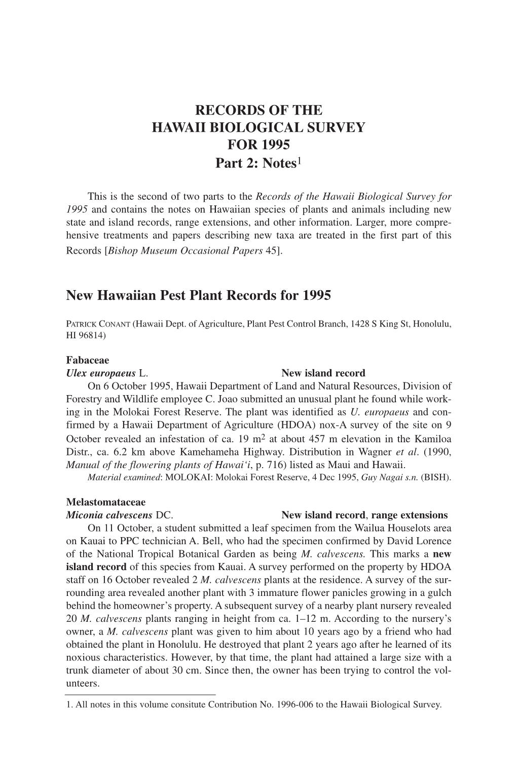 RECORDS of the HAWAII BIOLOGICAL SURVEY for 1995 Part 2: Notes1