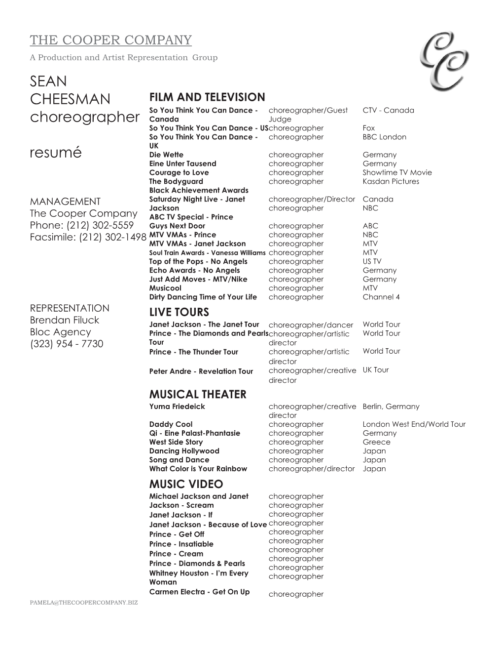 SEAN CHEESMAN Choreographer Resumé