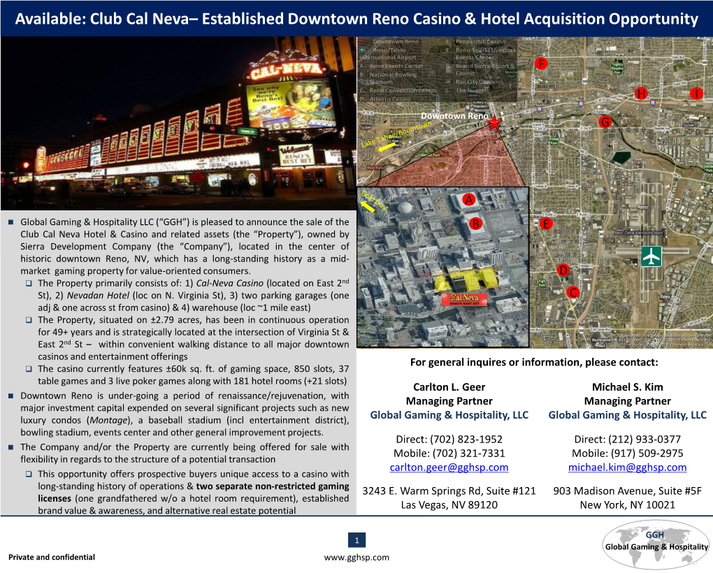 Club Cal Neva– Established Downtown Reno Casino & Hotel Acquisition Opportunity