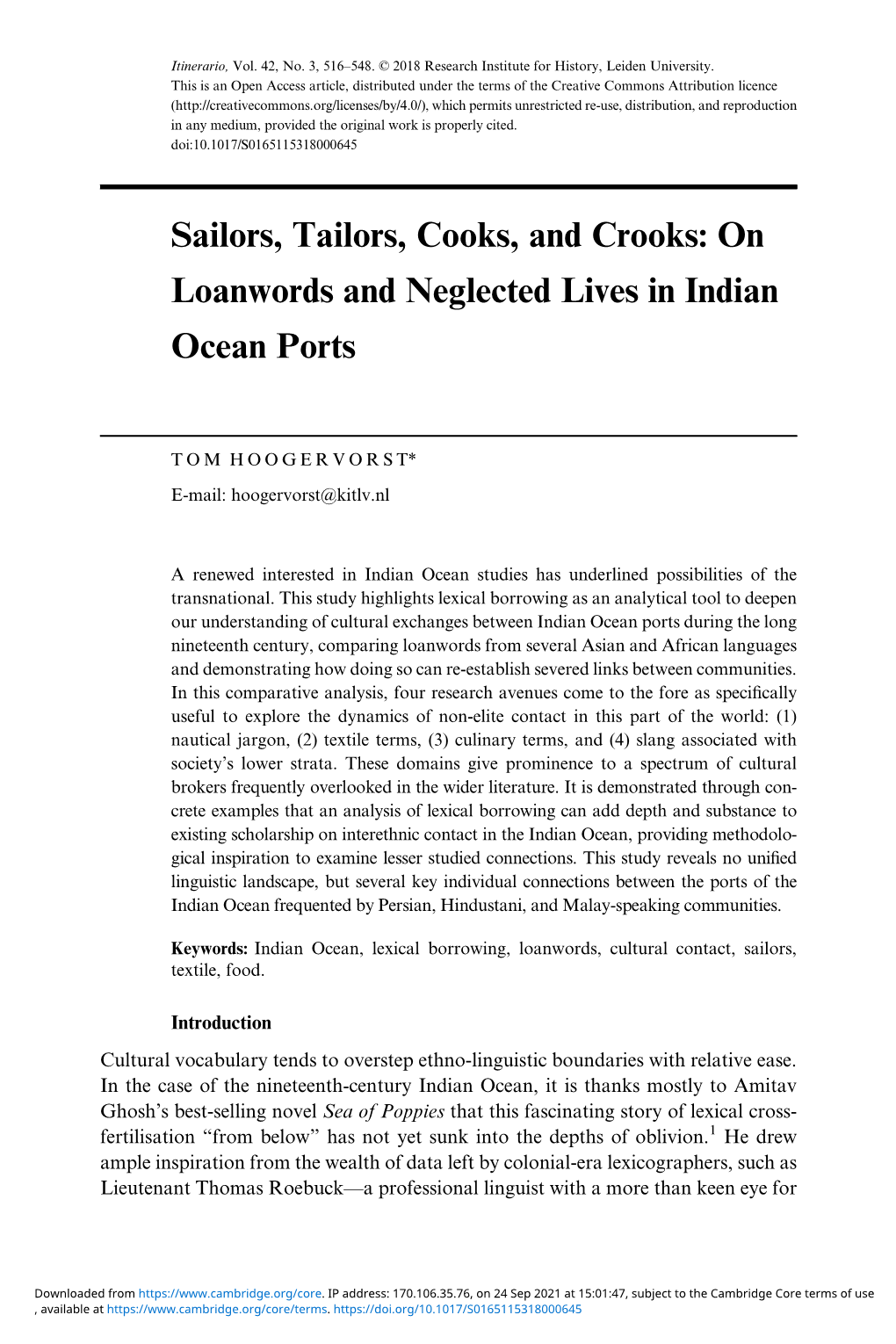 Sailors, Tailors, Cooks, and Crooks: on Loanwords and Neglected Lives in Indian Ocean Ports