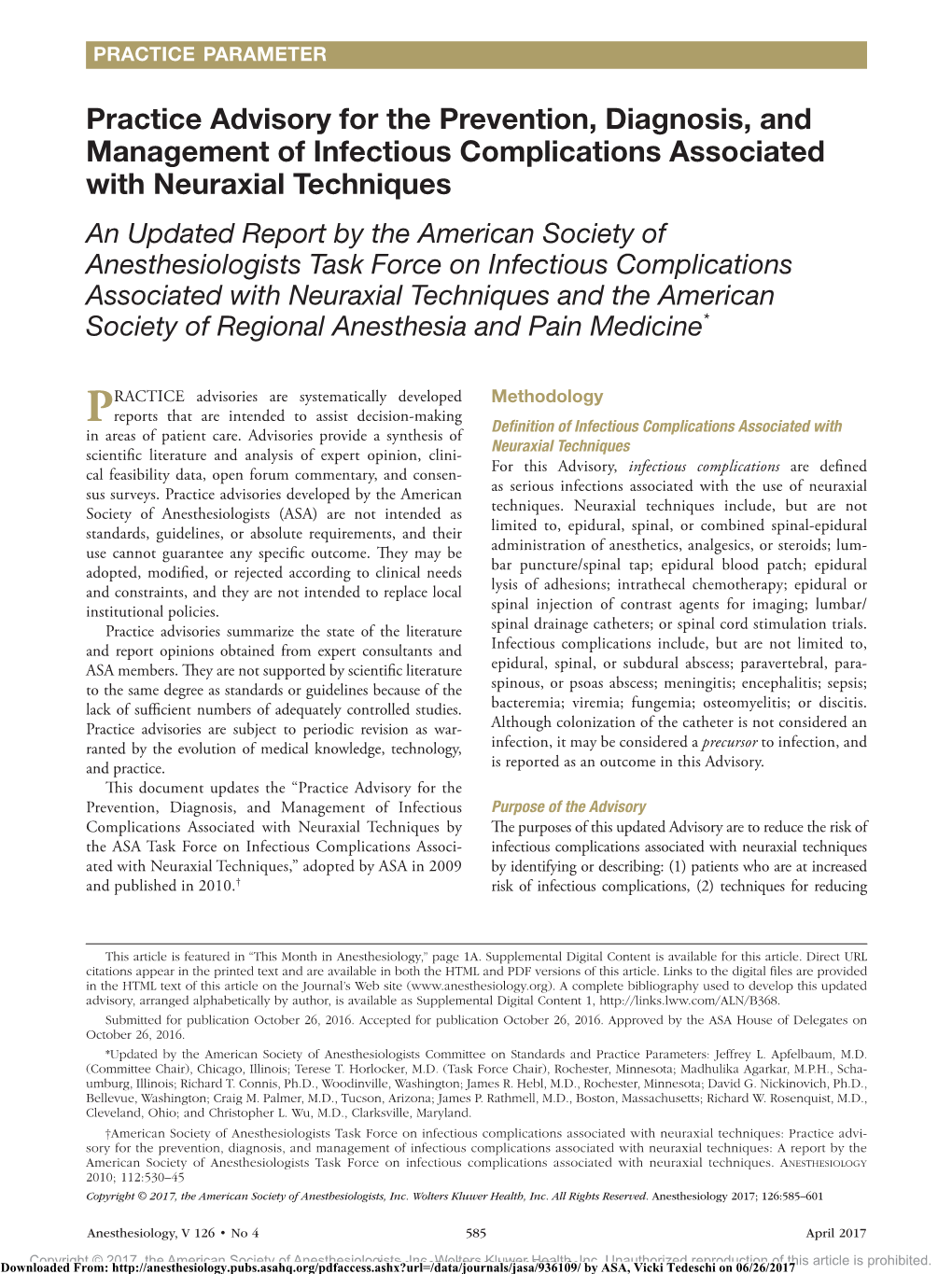 Practice Advisory for the Prevention, Diagnosis, and Management of Infectious Complications Associated with Neuraxial Techniques