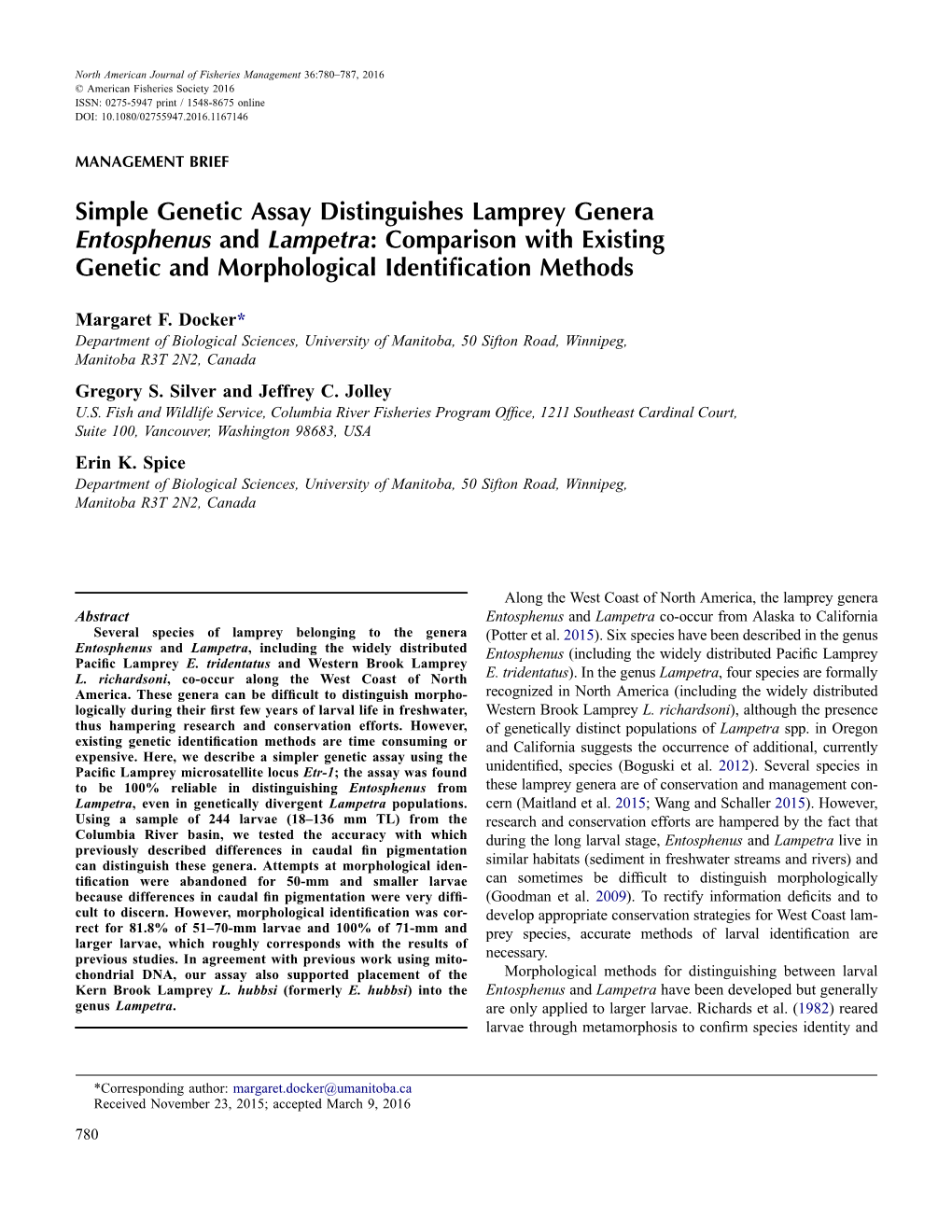 Simple Genetic Assay Distinguishes Lamprey Genera Entosphenus and Lampetra: Comparison with Existing Genetic and Morphological Identiﬁcation Methods